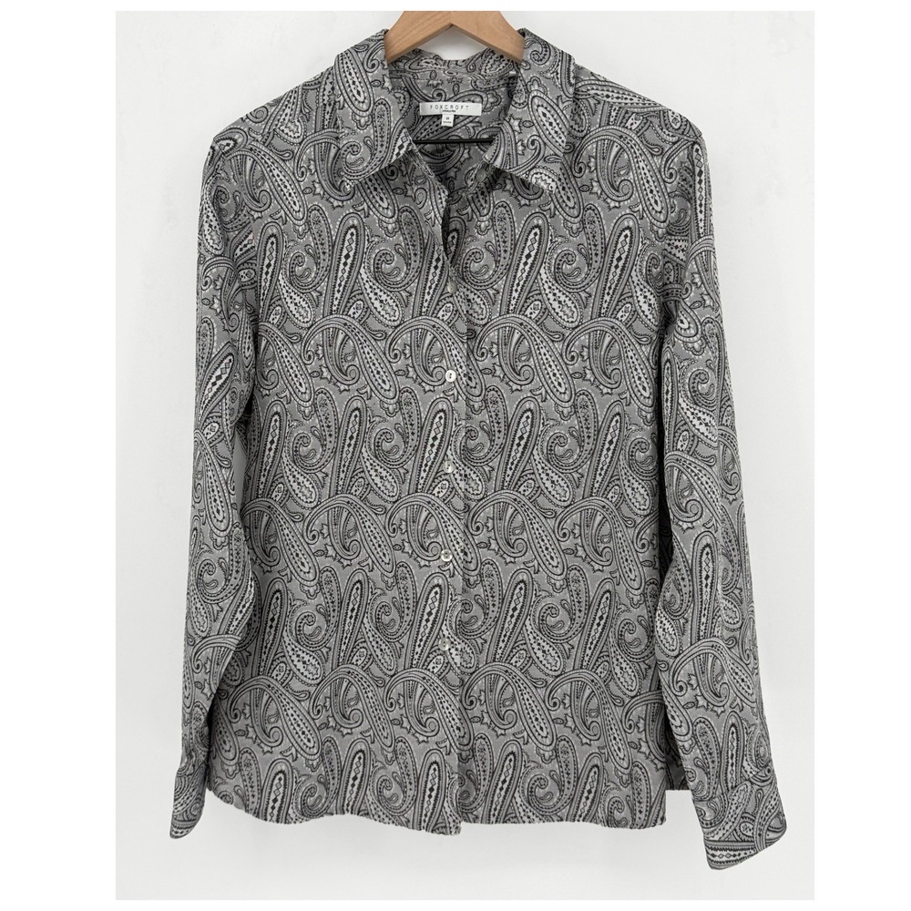 Foxcroft Button Down Shirt 18 Grey Paisley Wrinkle Free Shaped Blouse Office